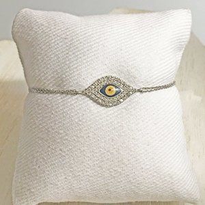 GENUINE STERLING SILVER 925 & CLEAR CZ DARK BLUE EVIL EYE PROTECTION BRACELET